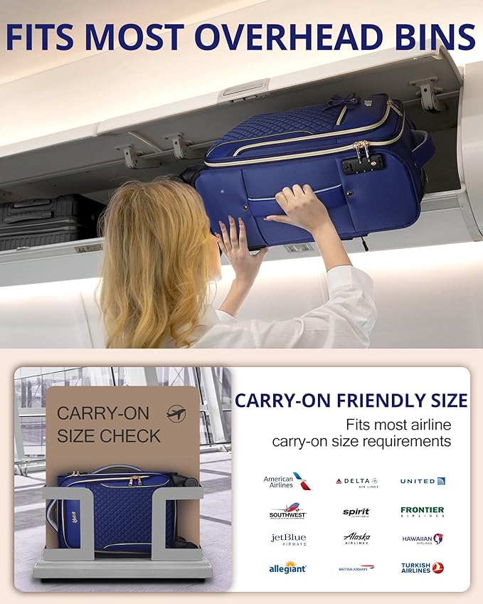 Carry On Luggage 22x14x9 Airline Approved, 20 Inch Softside Suitcase with 4 Pcs, Lightweight Luggage for Women with TSA Lock and 4 Spinner Wheels, Soft Side Carry-on Suitcases for Travel, Blue