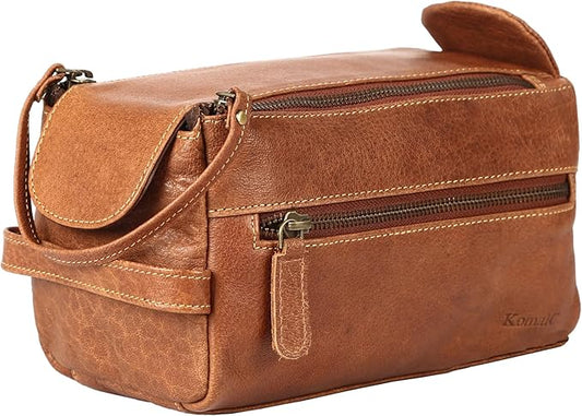 KomalC Premium Buffalo Leather Toiletry Bag for Men & Women With Water resistant Lining, Grooming Travel Pouch, Unisex Wash Bag for Toiletries, Gifts for Men and Women
