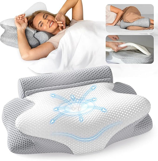 3-in-1 Orthopedic Pillow, Cervical Neck Pillow for Sleeping, Adjustable Height Memory Foam Neck Pillow and Detachable Roll, Contour Pillow for Neck Pain Relief for All Sleeping Positions (White)
