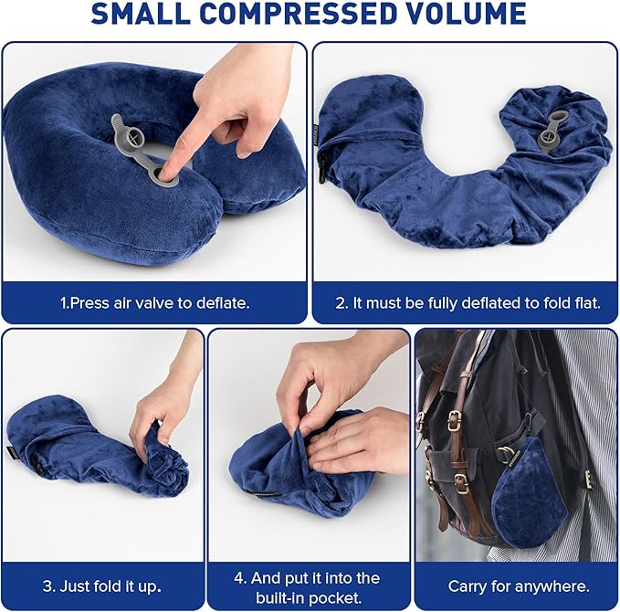 Rewondah Neck Pillows for Travel, Inflatable Travel Pillow, Inflatable Neck Pillow for Traveling Airplane with Soft Velour Washable Cover, U Shape Blow Up Neck Pillow for Airplanes Train Car Travel