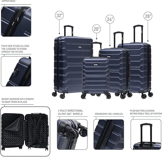 InUSA TREND Luggage with Spinner Wheels | Durable Lightweight Hardside Suitcase, Travel Sets with Handle and Trolley | (20in, 24in, 28in, 32in) 4 Piece Set | Blue