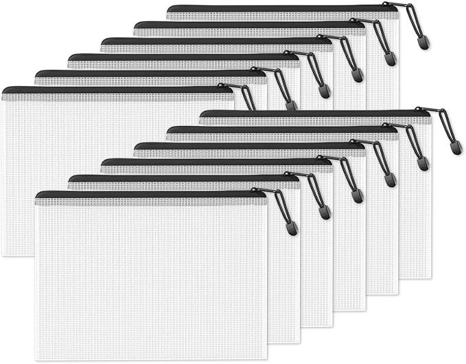 SUNEE Plastic Mesh Zipper Pouch 9.2x12.5 in (Black, 12 Packs),Extra Large Water-Resistant Zip Bag for School Office Supplies, Puzzles & Games Organizing Storage