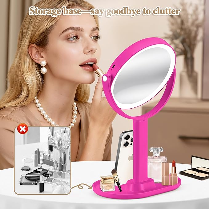 MOMOKUBA Makeup Mirror with Lights, Double Sided 1x/20x Magnifying Mirror with Light, Rechargeable 3 Color Lights and Adjustable Brightness, 360° Rotation Detachable Comes with Tweezer(Hotpink)
