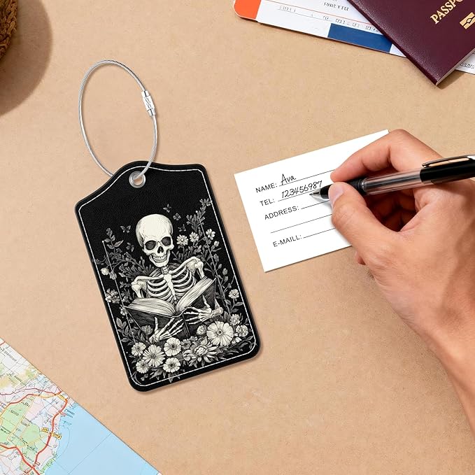 2 Pack PU Leather Luggage Tags for Suitcases, Privacy Protection Cover with Stainless Steel Loop and Address Card, Travel Cruise Essentials (Book Skull)