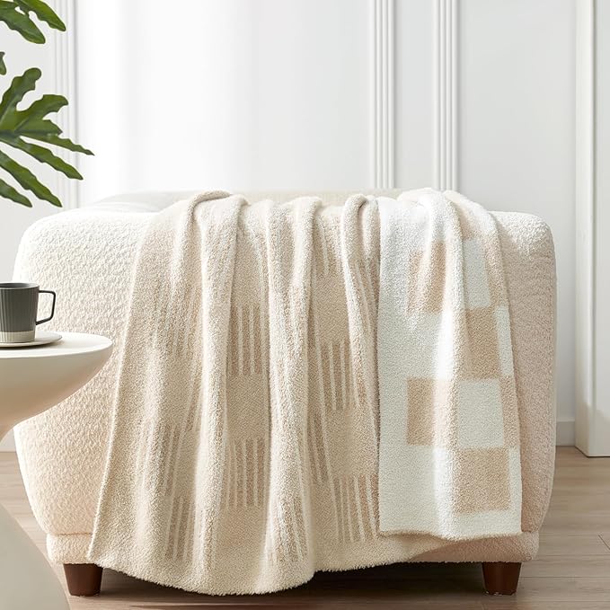 Snuggle Sac Cream Checkered Throw Blanket,Fluffy Faux Fur Reversible Soft Microfiber Warm Throw Blankets for Couch, Sofa,Travel,Cute Lightweight Striped Throws for Women, Heather Cream, 50x60 inches