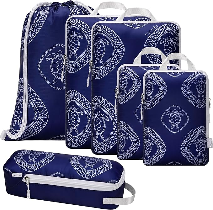 6-Set Compression Packing Cubes for Travel with Drawstring Backpack-Luggage Organizers for Suitcase-Water Resistant, Lightweight Vacation Essentials, Blue Turtle