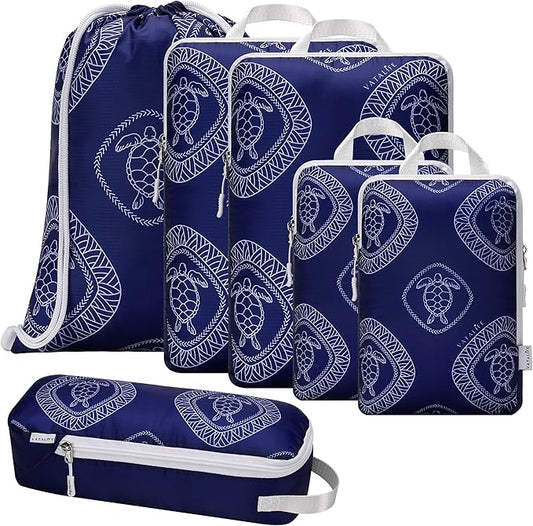 6-Set Compression Packing Cubes for Travel with Drawstring Backpack-Luggage Organizers for Suitcase-Water Resistant, Lightweight Vacation Essentials, Blue Turtle