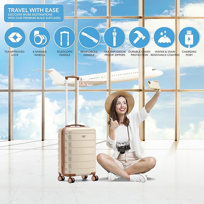Flight Knight 21.5x15.5x9 Expandable Carry On Suitcase Hardside TSA Lock & USB C Port Lightweight Luggage Silent Double Spinner Wheels Maximum Canada Air Overhead Bag Airlines Approved Cream