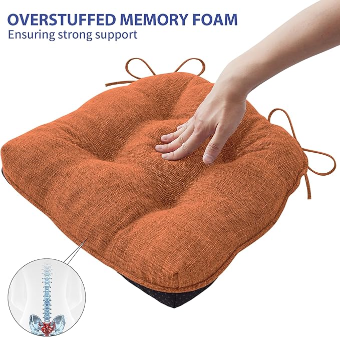 Chair Cushions for Dining Chairs Set of 6, Kitchen Chair Cushions, Chair Pads with Ties and Non Slip Backing, Tufted Memory Foam Seat Cushion 6 Pack, 15.5" x 15.5" x 4", Orange