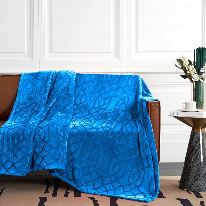 Soft Cozy Fleece Queen Size Blanket, 90x90 Inches – Lightweight Plush Blanket for Bed, Fuzzy 3D Jacquard Design - Royal Blue