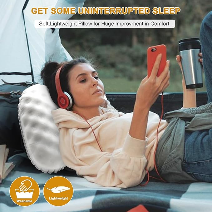 Camping Pillow with Soft Cover, Lightweight Inflatable Pillow for Neck Lumbar Support,Upgrade Backpacking Pillow,Washable Travel Air Pillows for Hiking, Backpacking, Airplane, Beach, White