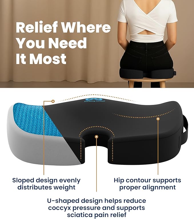 Everlasting Comfort Doctor Recommended Memory Foam Seat Cushion for Office Chairs & Car - Ergonomic Office Desk Accessories - Cushions for Tailbone Pain Relief, Sciatica (Black Cool, Large)