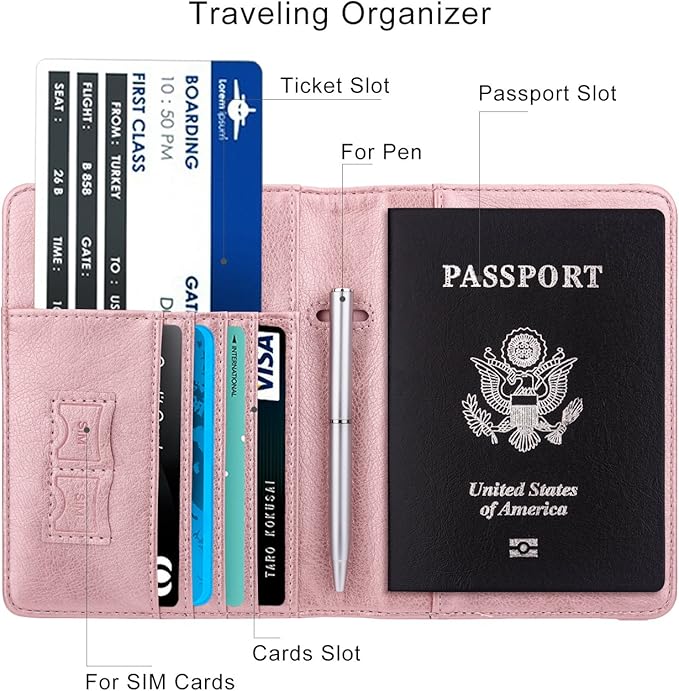 WALNEW Passport Holder for Travel, RFID Passport Cover Wallet for Women Men, PU Leather Passport Book Card Holder Case with Pen, Travelling Essentials for Flying