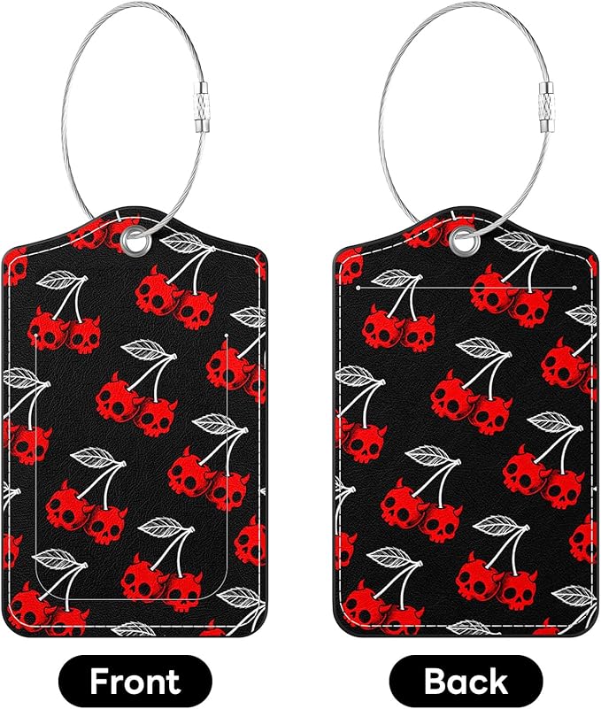 2 Pack PU Leather Luggage Tags for Suitcases, Privacy Protection Cover with Stainless Steel Loop and Address Card, Travel Cruise Essentials (Red Skull)