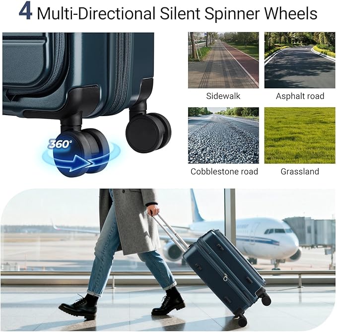 Carry On Luggage with Top Opening, Expandable with Front Pocket and USB Charging Port, Lightweight with front compartment Rolling Suitcases with Spinner Wheels (Navy, 20 Inch)