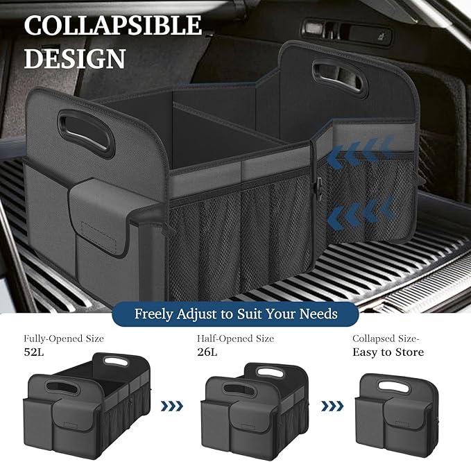 Femuar Car Trunk Organizer, Car Storage Organizer with Large Capacity Waterproof Collapsible Trunk Organizer for Car Suv/Jeep/Sedan (Grey, Standard)