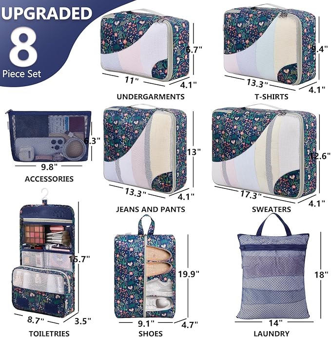 8 Set Packing Cubes for Travel, Gifts for Women Mom,Anti-Tearing Suitcase Organizer for Luggage with Shoe & Hanging Toiletry Bag,OlarHike Vacation Essentials & Accessories for Cruise Ship