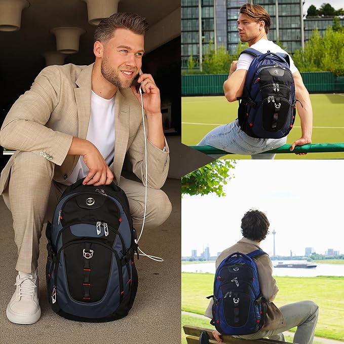 Swissdigital Design Laptop Backpack with USB Charging Port, Travel Backpack Fits 15.6 inches Computer, 31L College School Backpack for Men, Blue/Black | SD803-12 | Water Repellent