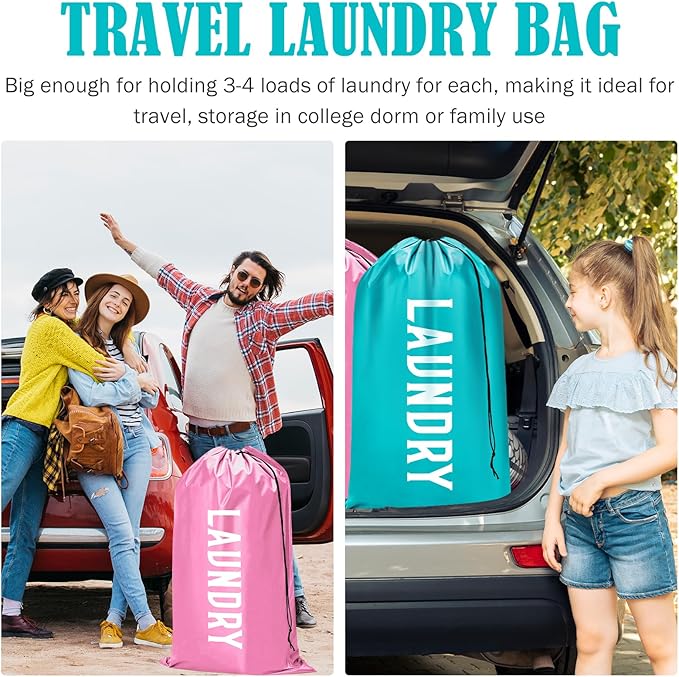 Fiodrimy 2 Pack XL Travel Laundry Bag, Machine Washable Dirty Clothes Organizer, Large Enough to Hold 4 Loads of Laundry, Easy Fit a Laundry Basket (Pink+Blue, 24" x 36")