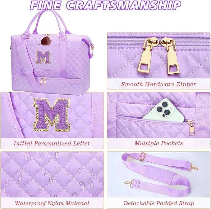 Gifts for Teenage Girl Initial Travel Duffle Bag Quilted Weekender Bags Carry-On Overnight with Cosmetic Bag, Gym Bag with Shoe Compartment Hospital Bag for Women Labor Delivery, Purple-M