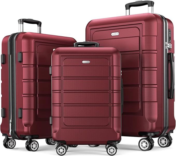 SHOWKOO Luggage Sets 3 Piece Expandable 100% PC Durable Hardshell Suitcase with Wheels TSA Lock Lightweight Wine Red