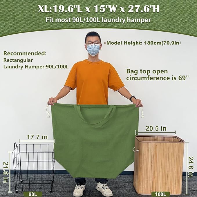 Canvas Laundry Bags with Handles & Rectangular Base, 20"Lx15"Wx27.6"H Extra Large Heavy Duty Laundry Basket Hamper Liner Replacement, Washable Cotton Drawstring Dirty Clothes Bag (Army Green)