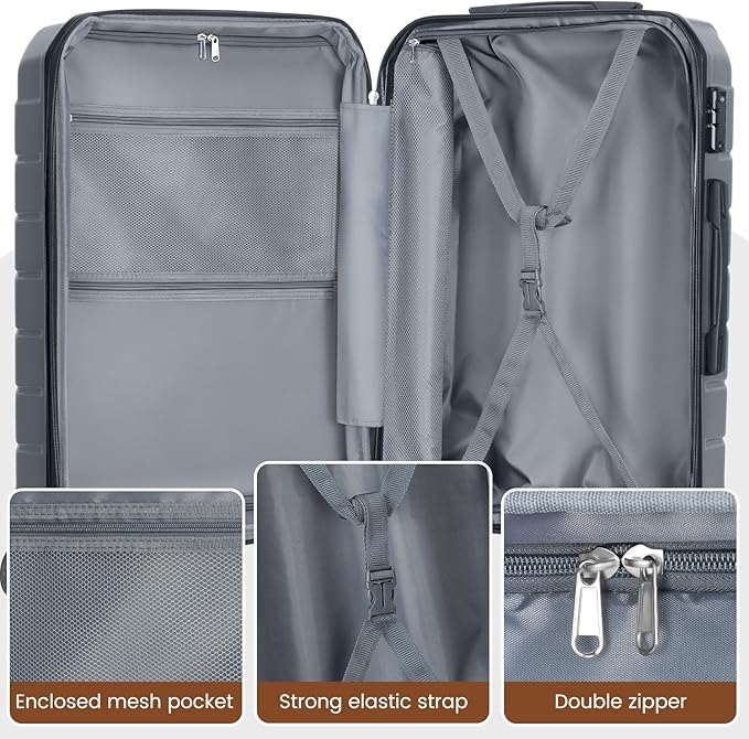 Luggage Sets 3 Piece, Hardside Carry On Suitcase with Spinner Wheels, Lightweight Durable Luggage for Travel | TSA Lock, Expandable Suitcase Set for Men and Women（20/26in） (Grey)
