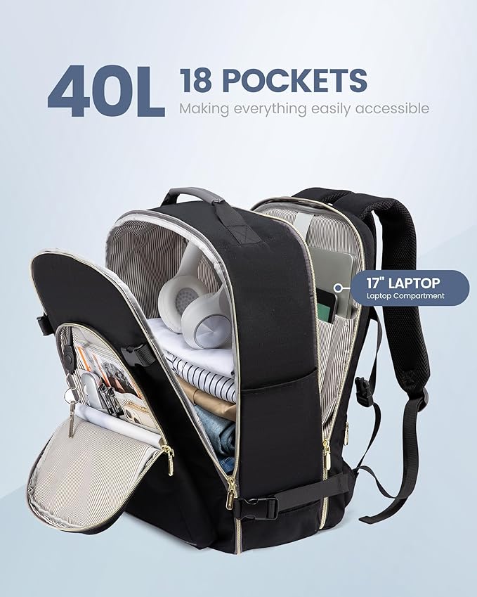 LOVEVOOK Travel Backpack for Women & Men 40L,Airline Approved Carry On Backpack Travel Essentials,TSA Carry on Luggage,Waterproof Personal Item Travel Bag,Suitcase with 3 Packing Cubes,Black-Grey