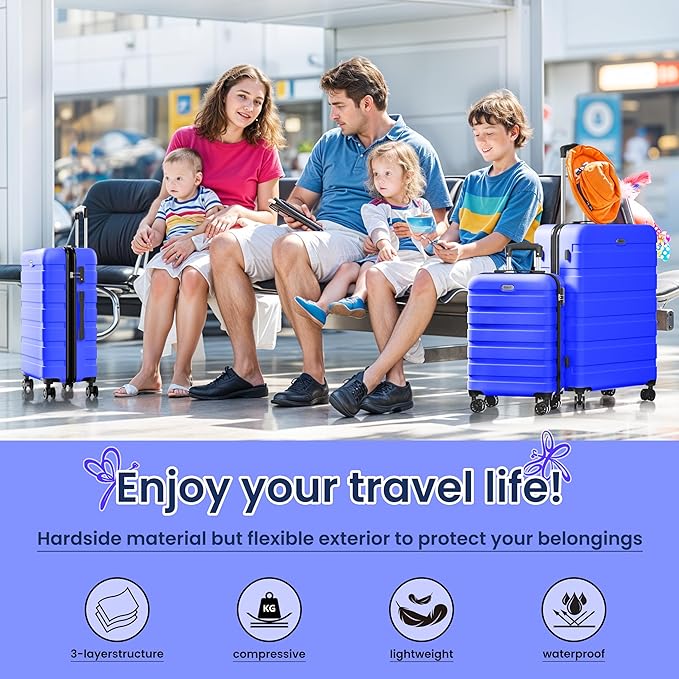 AnyZip Luggage Sets 3 Piece Hardshell Suitcase Set PC ABS Lightweight Travel Suitcases with 4 Double Spinner Wheels TSA Lock 20 24 28 Inch Blue