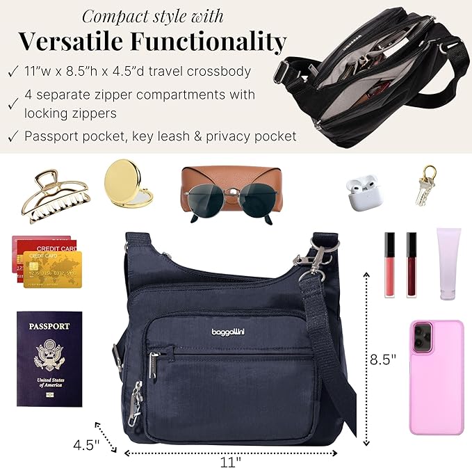 Baggallini Securtex Anti-theft Crossover Crossbody Bag 11”w X 8.5”h, Rfid, Built-in Wallet, Locking Zippers
