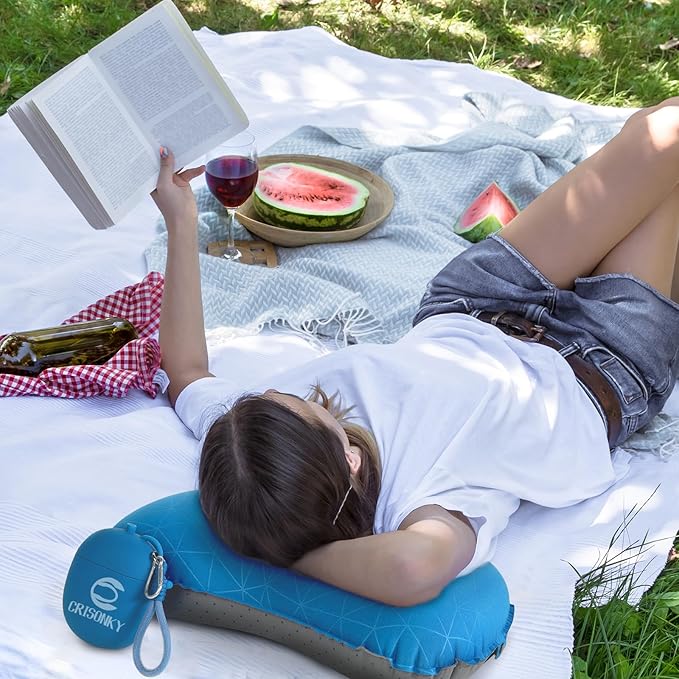 Camping Inflatable Pillow with 2-in-1 Silicone Air Pump Storage Bag – Ultralight Travel Pillow for Airplane, Lumbar Support, Dual Valve Easy Inflate, Compressible Ergonomic (Navy Blue)