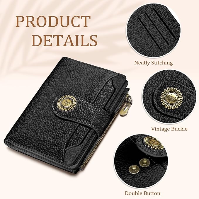 Icycay Black Small Wallet Women RFID Blocking Bifold, Credit Card Holder, Zipper Coin Pocket, PU Leather, Compact, Travel, 4 ID Window, 14 Card Slots, Cash Purse, Ladies Woman Female Girls