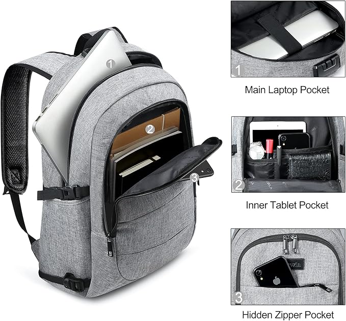 Tzowla Travel Laptop Backpack Water Resistant Anti-Theft Bag with Giant Tumbler Holder Pocket and Lock 15.6 Inch Computer Business Backpacks for Women Men Work College Gift,Casual Daypack(Grey)