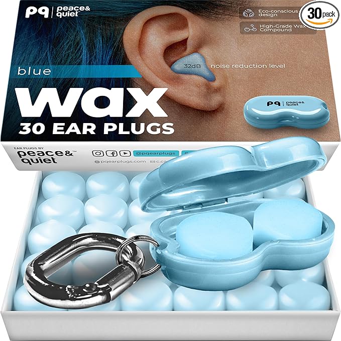 Peace&Quiet PQ Wax Ear Plugs for Sleeping - 30 Silicone Wax Earplugs for Sleeping and Swimming, Gel Ear Plugs for Noise Cancelling, Sleeping Earplugs, Sound Blocking Level of 32 Db, Color: Blue