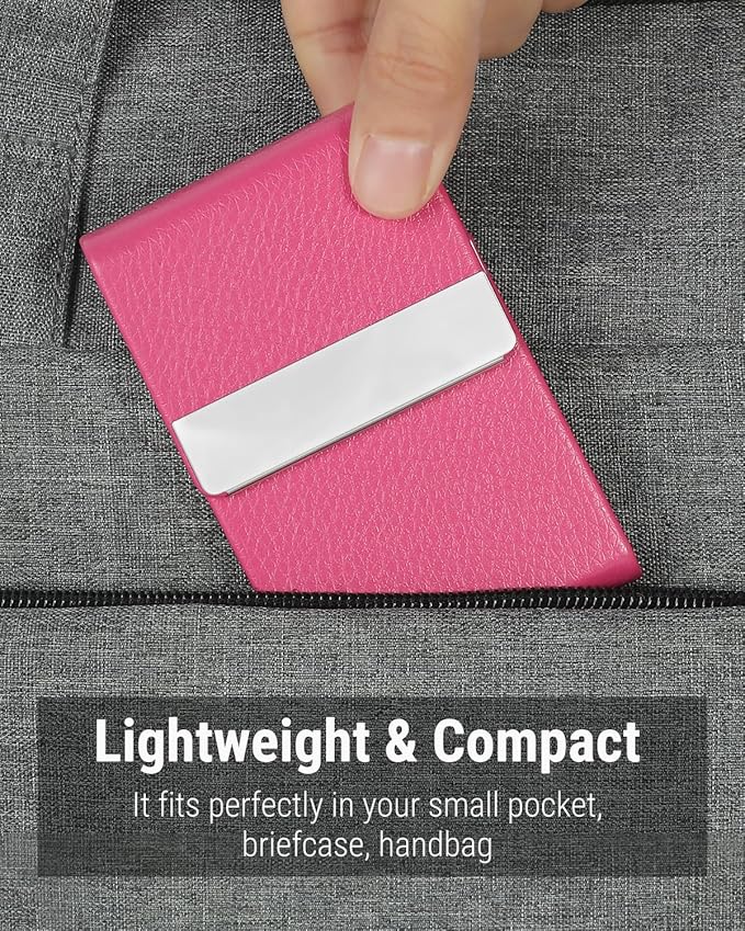 MaxGear Business Card Holder, Slim PU Leather & Stainless Steel Business Card Case for Men & Women, RFID Blocking Name Card Holder with Magnetic Closure, Rose Red