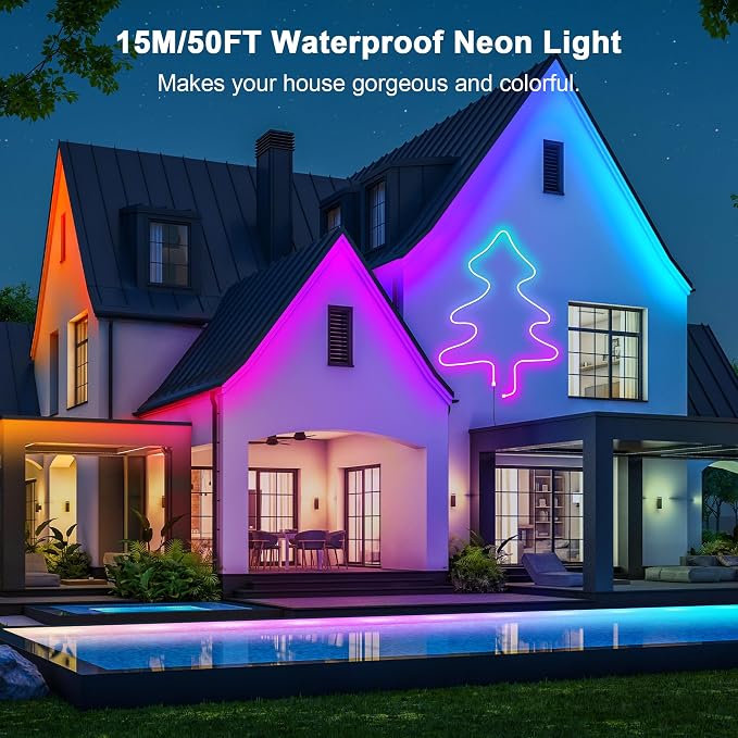 Cozylady RGB Neon Light LED Rope Light,Waterproof Bluetooth APP Remote Control Music Sync Strip Light,24V Flexible DIY Silicone Light for Bedroom Home Indoor Outdoor Decoration(15m/50ft)