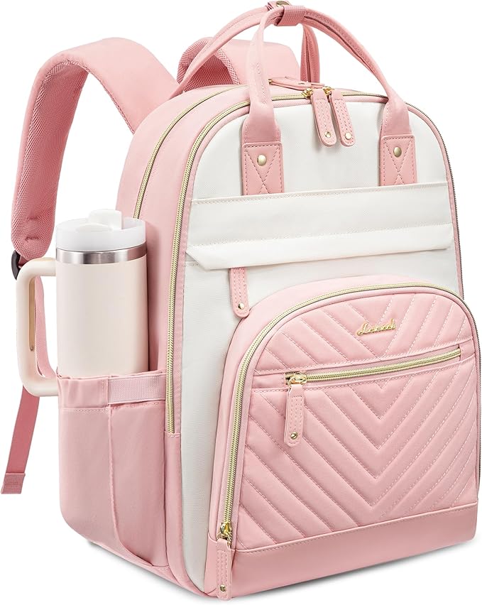 LOVEVOOK Laptop Backpack for Women with Giant Tumbler Holder Pocket,17 inch School College Book Bag Nurse Teacher Backpack,Waterproof Work Travel Backpack Purse Laptop Computer Bag, Beige-Pink-Pink