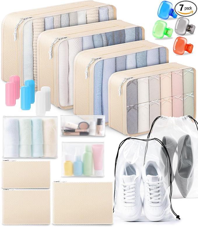 All-in-One 22 Pcs Packing Cubes for Travel Essentials –Includes Cubes,toothbrush covers，Silicone Bottle Cover,zipper bags, Matte Cosmetic Bag, Drawstring bag for Carry-On & Suitcase