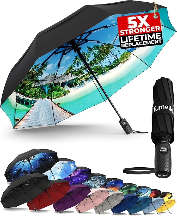 TUMELLA Strongest Windproof Travel Umbrella (Compact, Superior & Beautiful), Small, Wind-Tested, Light & Portable, Automatic Folding Rain Umbrella, Durable Premium Grip, Fits Car and Backpack