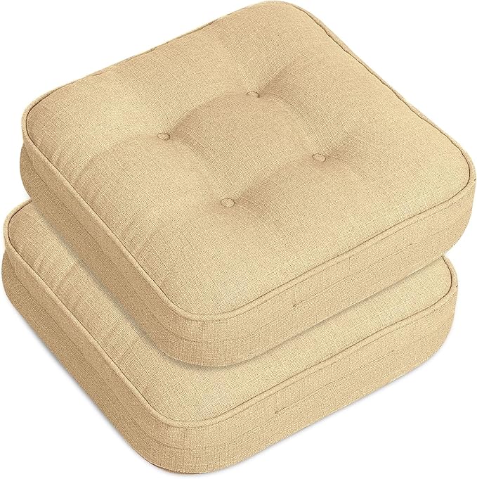 GOFORIT Memory Foam Cushion，Square Seat Cushions for Dining Chairs,Non-Slip Chair Pads with Removable Cover, 16'' x 16'', 2 Pack,Khaki
