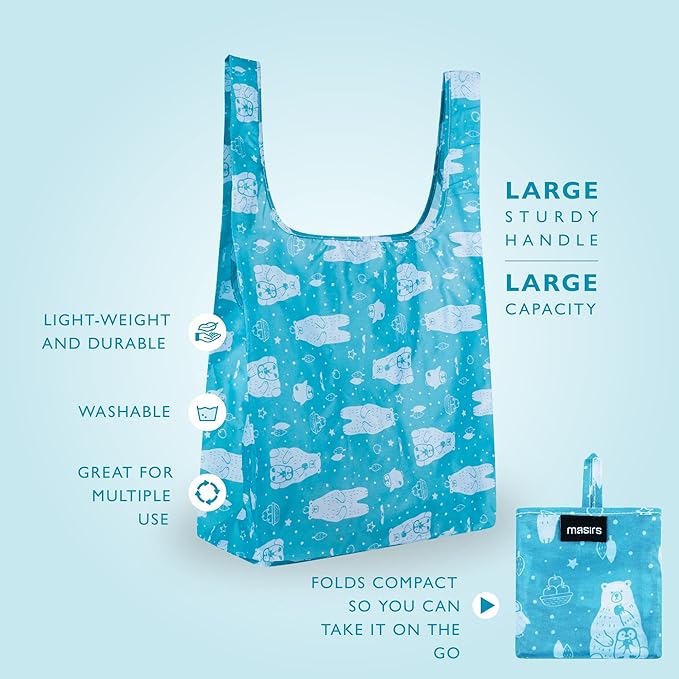 Masirs Reusable Grocery Bag (ANIMAL PATTERN | 6-PACK) - Reusable Ripstop Bags - Large, Strong Eco Friendly Bags - Foldable Shopping Bag - For Kitchen, Grocery & More - Packable Shopping Bag