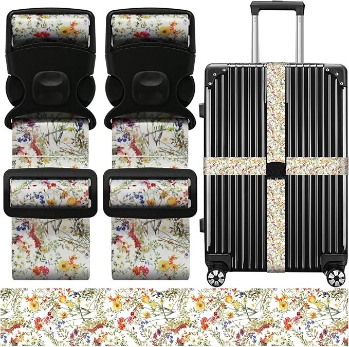 Luggage Straps for Suitcases, Travel Adjustable Belt with Quick Release Buckle, Heavy Duty Nylon Bag Packing Strap, Unique Bright Identifiers Business Travel Accessories (2 Pack) - Yellow Flowers