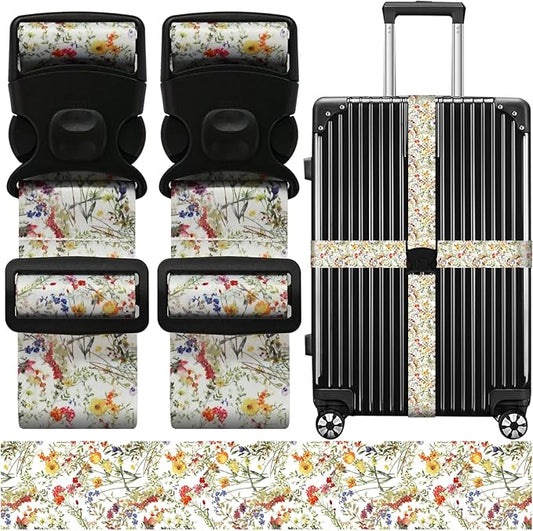 Luggage Straps for Suitcases, Travel Adjustable Belt with Quick Release Buckle, Heavy Duty Nylon Bag Packing Strap, Unique Bright Identifiers Business Travel Accessories (2 Pack) - Yellow Flowers