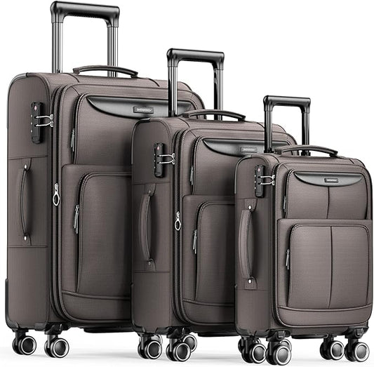 SHOWKOO Luggage Sets 3 Piece Softside Expandable Lightweight Durable Suitcase Sets Double Spinner Wheels TSA Lock Light Coffee (20in/24in/28in)