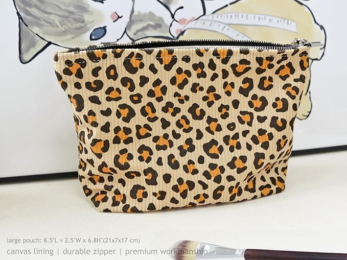 HAPPYHEIDI Leopard Corduroy Makeup Bag Cosmetic Toiletry Travel Pouch Car Organizer, 3-Size, Vintage Brown Coquette Cheetah
