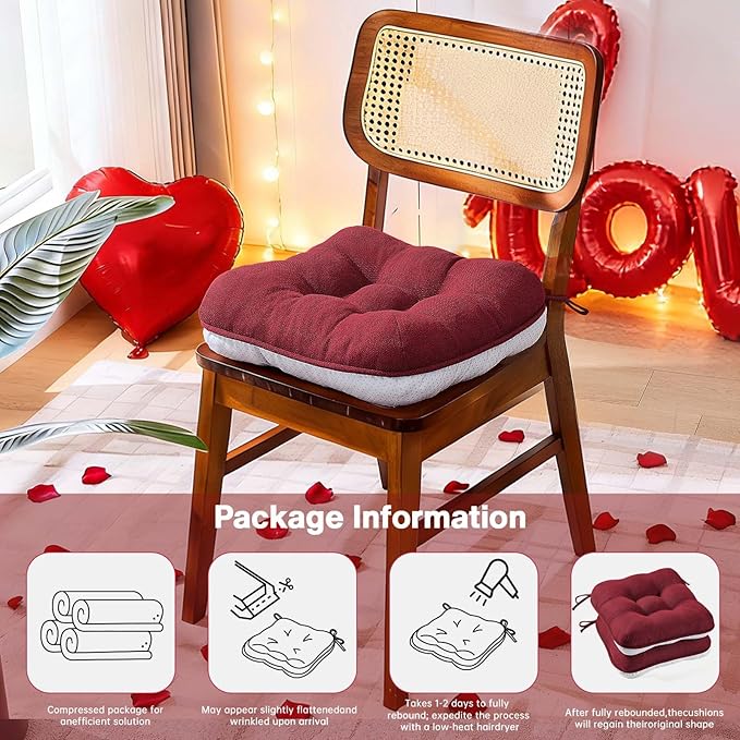 BETU Chair Cushions for Dining Chairs Set of 4,3.5" Thick Kitchen Table Chair Pads with Ties,Non Slip Backing and Covers, Christmas Decor Seat Cushion for Dining Room,Bar,Patio Chairs,16"X16"X3.5",Red