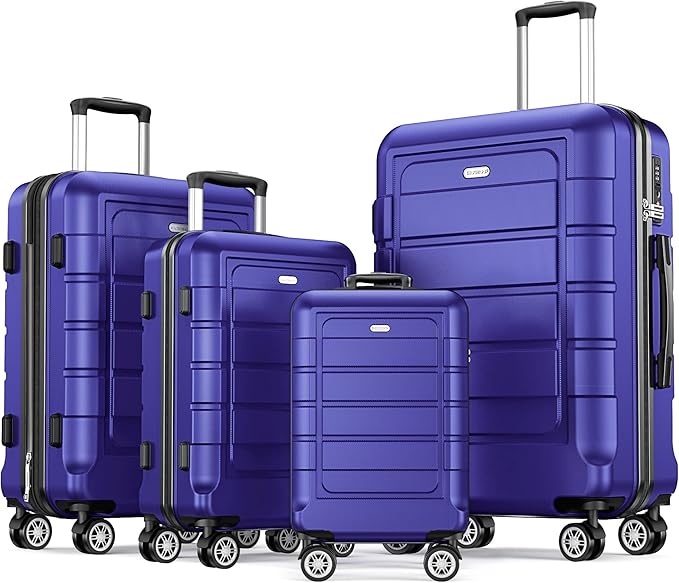 SHOWKOO Luggage Sets Expandable 100% PC Durable Suitcase Sets Double Wheels TSA Lock 4 Piece Luggage Set Royal Blue