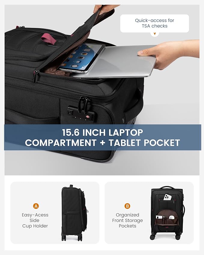 LOVEVOOK Business Softside Checked Luggage with 15.6/17.3 Inch Laptop Compartment, 24 Inch Checked Suitcase with Spinner Wheels, Large Capacity Luggage with TSA Lock for Business Trip Travel, Black
