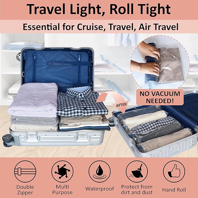 Cozy Essential Compression Bags for Travel - Travel Essentials - 20 Pack Space Saver Bags - No Vacuum Needed - Compression Packing Bags for Cruise Accessories