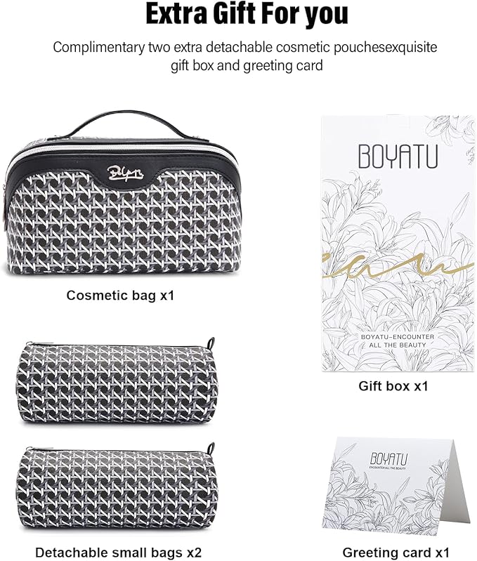 BOYATU Travel Makeup Bag Cosmetic Bags for Women: Large Capacity 3 Pcs Set Make up Bag with Compartments - Waterproof Vegan Leather Toiletry Organizer Bags with Handle (M-76Black)